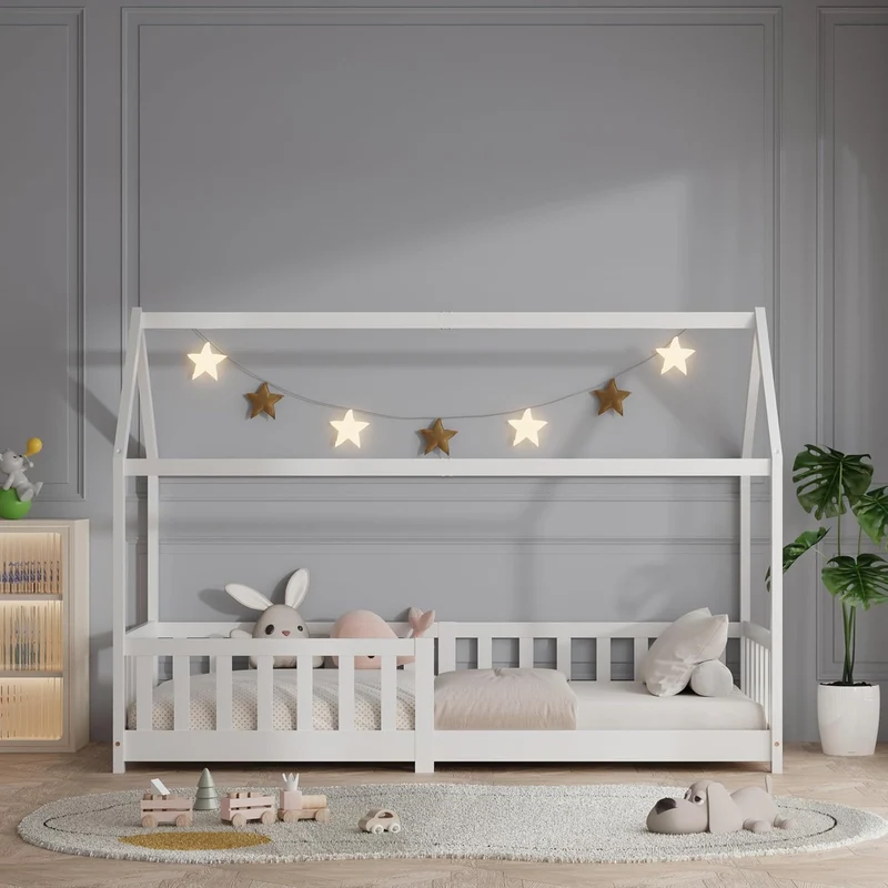 ecomi Montessori Hausbett Kinder aus Kiefernholz mit Rausfallschutz & Lattenrosth