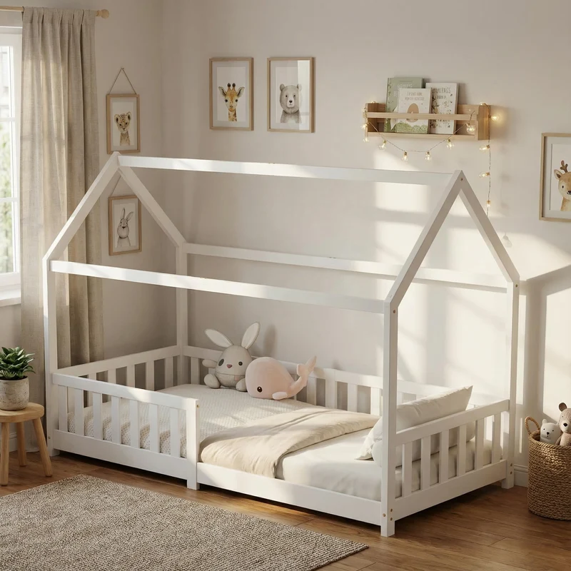 ecomi Montessori Hausbett Kinder aus Kiefernholz mit Rausfallschutz & Lattenrosth
