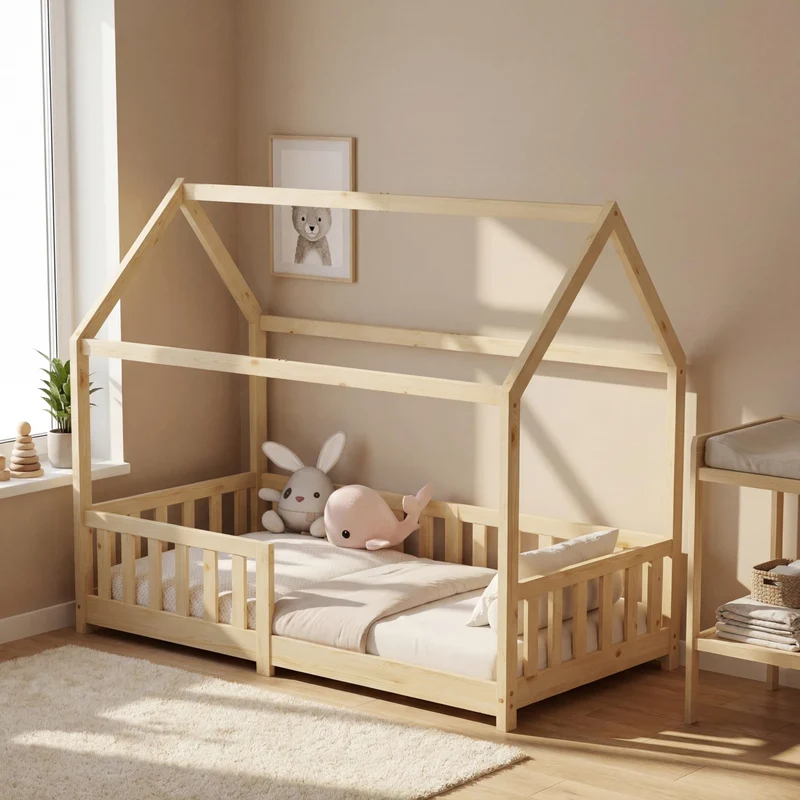 ecomi Montessori Hausbett Kinder aus Kiefernholz mit Rausfallschutz & Lattenrosth