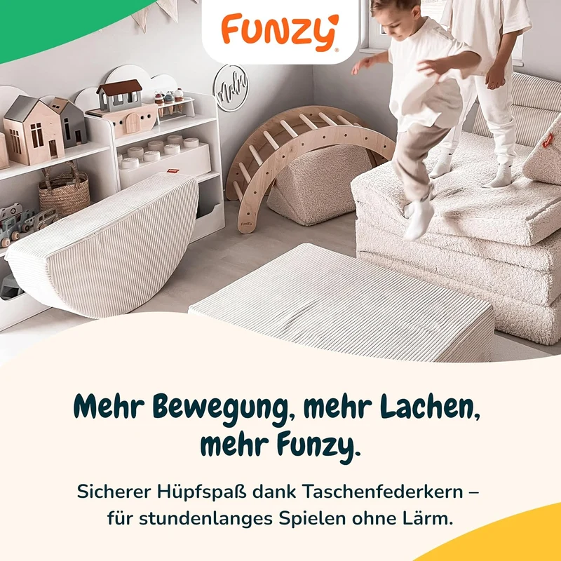 Funzy Hüpfpolster für Kinder 85x65x21 cm, Hüpfmatratze mit Taschenfederkern, Cord-Bezug Waschbar, Schadstofffrei, Motorik-Spielkissen, Cord Koala Grauh