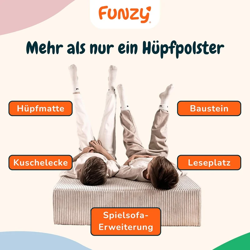 Funzy Hüpfpolster für Kinder 85x65x21 cm, Hüpfmatratze mit Taschenfederkern, Cord-Bezug Waschbar, Schadstofffrei, Motorik-Spielkissen, Cord Koala Grauh