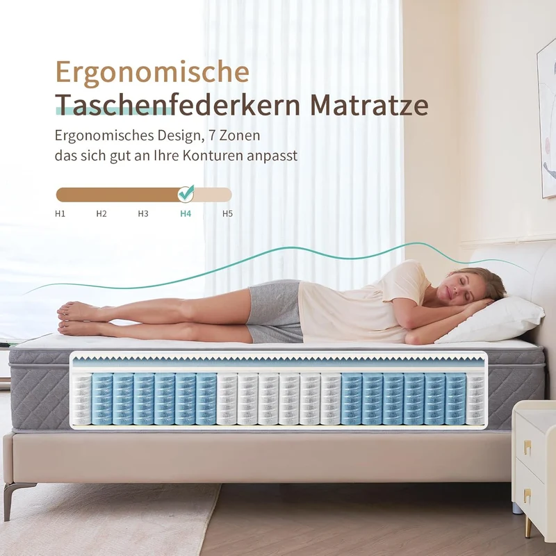 Hiepunos Taschenfederkernmatratze – 7-Zonen Hybridmatratze H4, orthopädisch, atmungsaktiv, 22 cmh