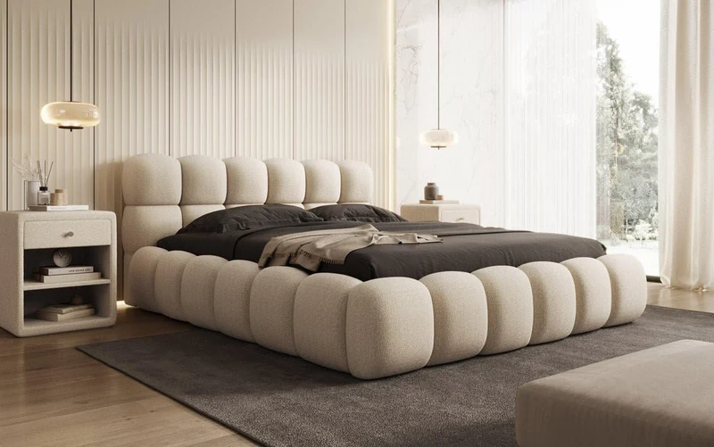 Luxusbetten24 Polsterbett Boston – Designerbett mit Stauraum, Bouclé-Bezug, modernes Bettgestellh
