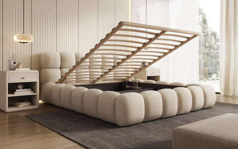Luxusbetten24 Polsterbett Boston – Designerbett mit Stauraum, Bouclé-Bezug, modernes Bettgestellh