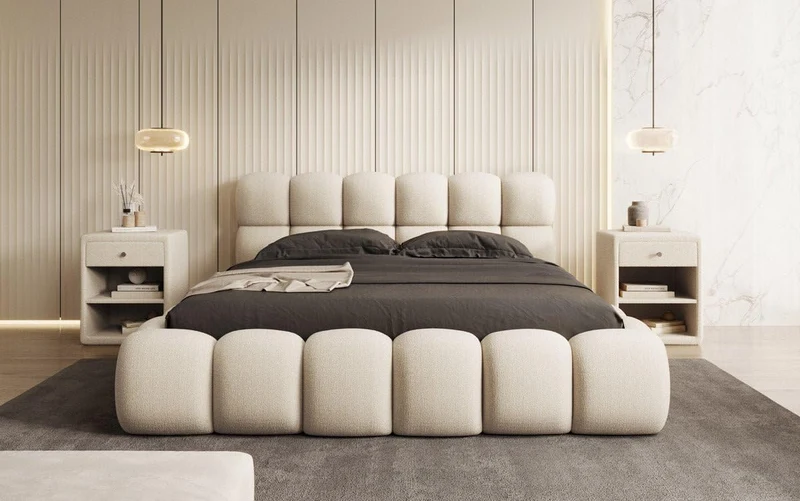 Luxusbetten24 Polsterbett Boston – Designerbett mit Stauraum, Bouclé-Bezug, modernes Bettgestellh