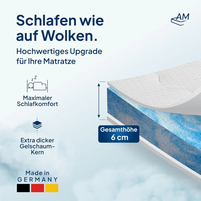 AM Qualitätsmatratzen Gelschaum-Topper – Memory-Schaum, Atmungsaktiv, Lyocell Bezug, Antirutschh