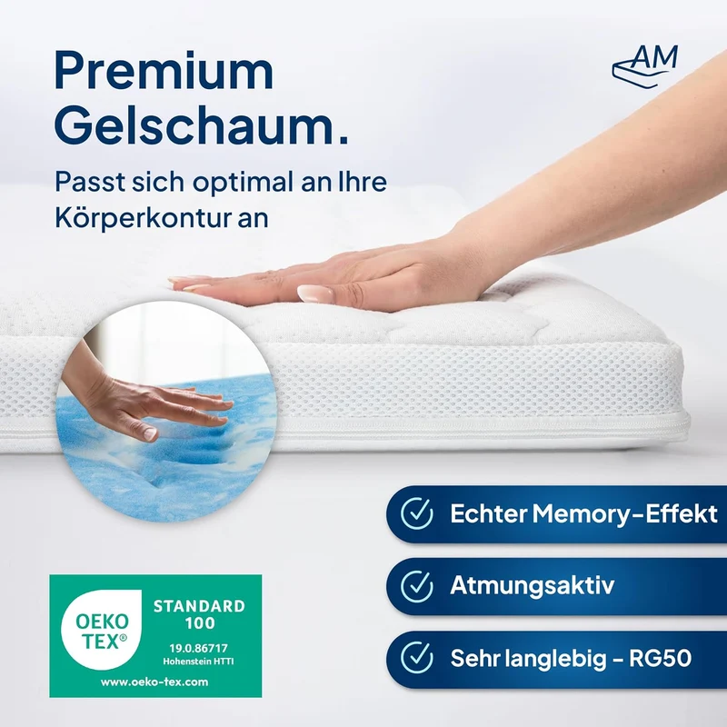 AM Qualitätsmatratzen Gelschaum-Topper – Memory-Schaum, Atmungsaktiv, Lyocell Bezug, Antirutschh