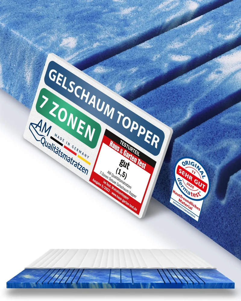 AM Qualitätsmatratzen Gelschaum-Topper – Memory-Schaum, Atmungsaktiv, Lyocell Bezug, Antirutschh