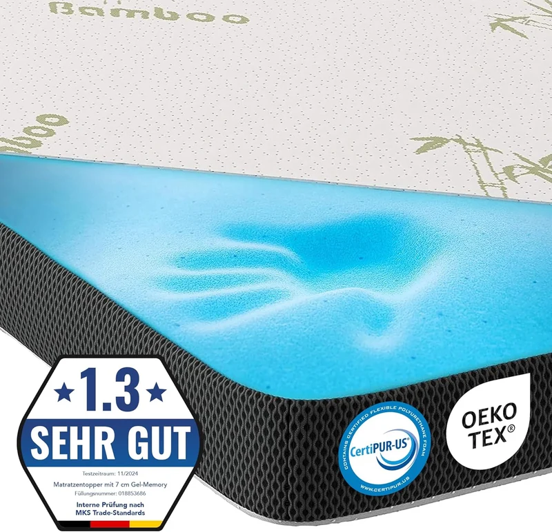 MKS Gel-Topper mit Memory-Schaum – 7 cm Matratzentopper, H2/H3, 3D-Luftstrom, Bambusbezugh