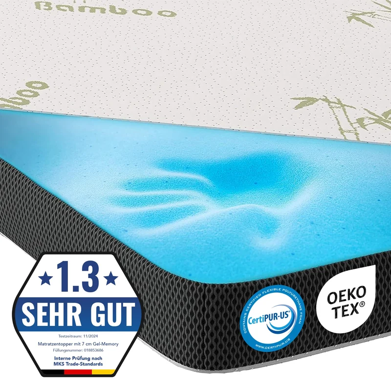 MKS Gel-Topper mit Memory-Schaum – 7 cm Matratzentopper, H2/H3, 3D-Luftstrom, Bambusbezugh