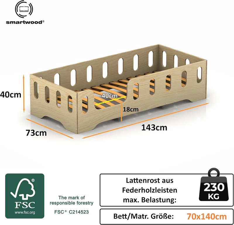 smartwood Bodenbett 70x140 Montessori Kinderbett aus Holz mit FSC-Zertifikat TILA 2L mit Rausfallschutz & Lattenrost bis 230kg belastbar - Einfache Montageh