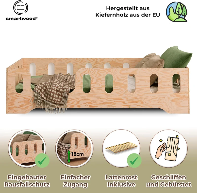 smartwood Bodenbett 70x140 Montessori Kinderbett aus Holz mit FSC-Zertifikat TILA 2L mit Rausfallschutz & Lattenrost bis 230kg belastbar - Einfache Montageh