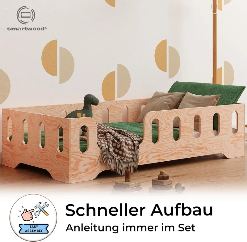 smartwood Bodenbett 70x140 Montessori Kinderbett aus Holz mit FSC-Zertifikat TILA 2L mit Rausfallschutz & Lattenrost bis 230kg belastbar - Einfache Montageh