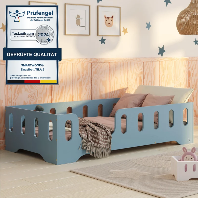 smartwood Bodenbett 70x140 Montessori Kinderbett aus Holz mit FSC-Zertifikat TILA 2L mit Rausfallschutz & Lattenrost bis 230kg belastbar - Einfache Montageh