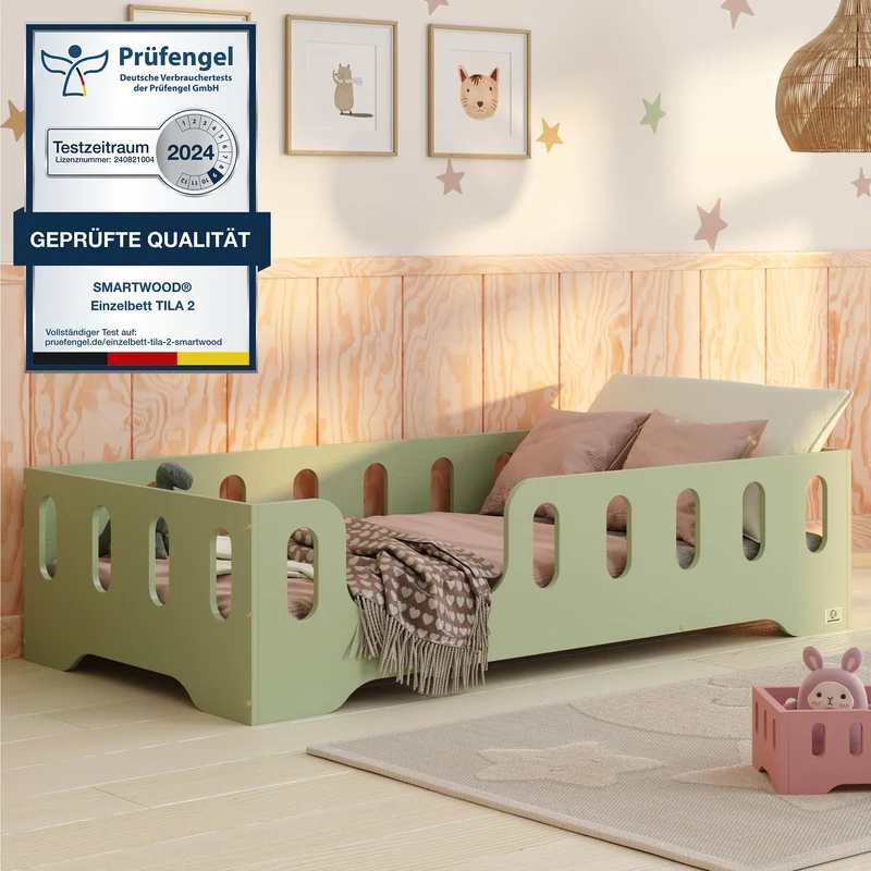 smartwood Bodenbett 70x140 Montessori Kinderbett aus Holz mit FSC-Zertifikat TILA 2L mit Rausfallschutz & Lattenrost bis 230kg belastbar - Einfache Montageh