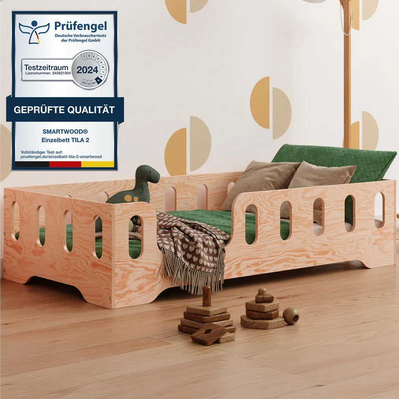 smartwood Bodenbett 70x140 Montessori Kinderbett aus Holz mit FSC-Zertifikat TILA 2L mit Rausfallschutz & Lattenrost bis 230kg belastbar - Einfache Montageh