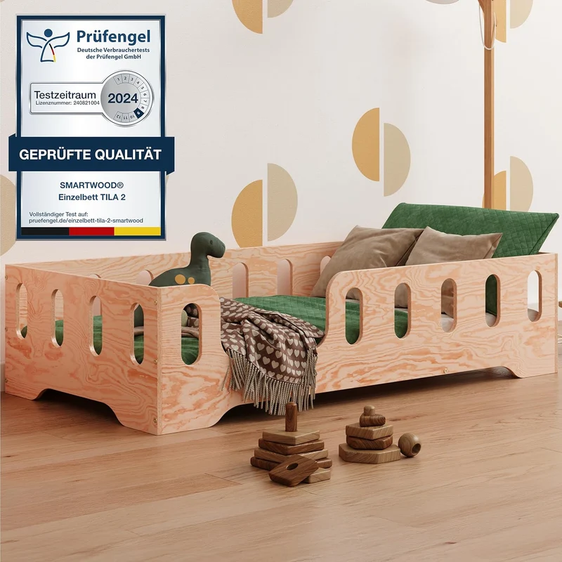 smartwood Bodenbett 70x140 Montessori Kinderbett aus Holz mit FSC-Zertifikat TILA 2L mit Rausfallschutz & Lattenrost bis 230kg belastbar - Einfache Montageh