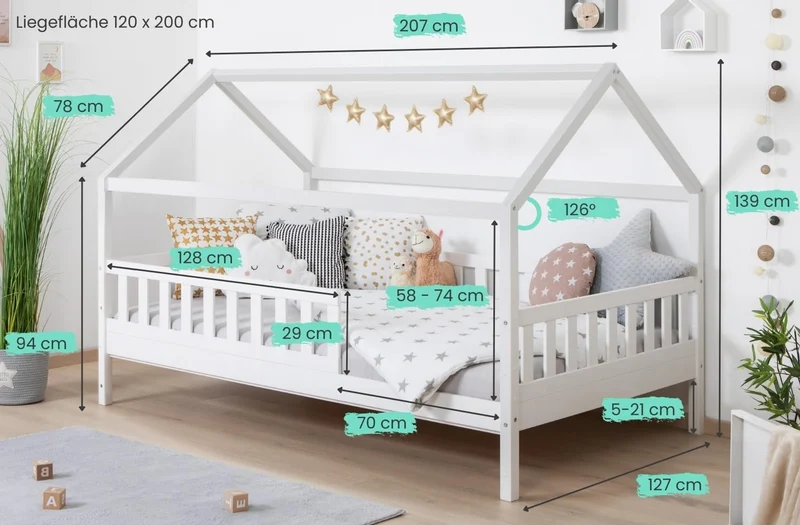 TiCAA Montessori Kinderbett Hausbett aus Kiefernholz mit Rausfallschutz & Rolllattenrost – Bodenbett für Kinderh
