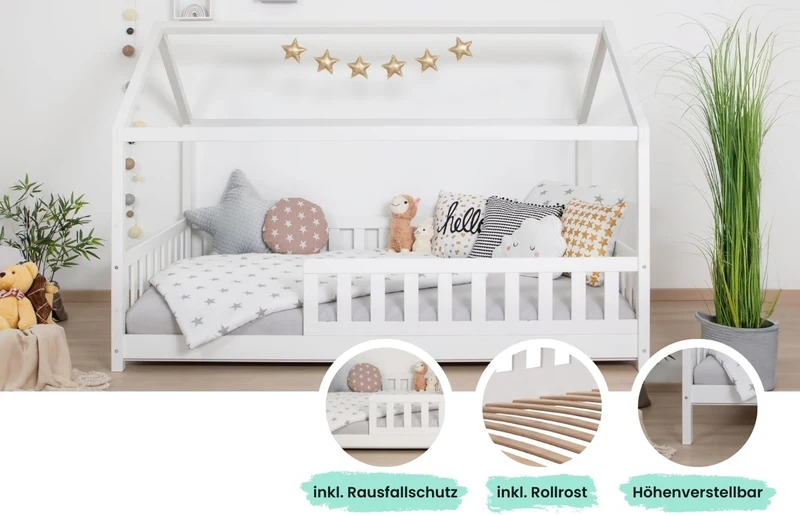 TiCAA Montessori Kinderbett Hausbett aus Kiefernholz mit Rausfallschutz & Rolllattenrost – Bodenbett für Kinderh