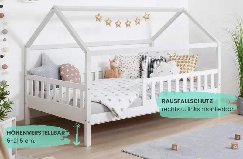TiCAA Montessori Kinderbett Hausbett aus Kiefernholz mit Rausfallschutz & Rolllattenrost – Bodenbett für Kinderh