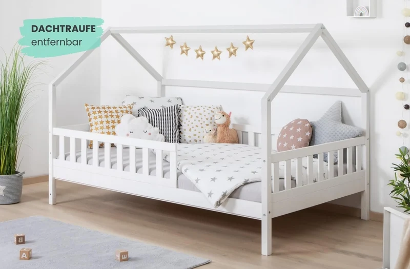 TiCAA Montessori Kinderbett Hausbett aus Kiefernholz mit Rausfallschutz & Rolllattenrost – Bodenbett für Kinderh