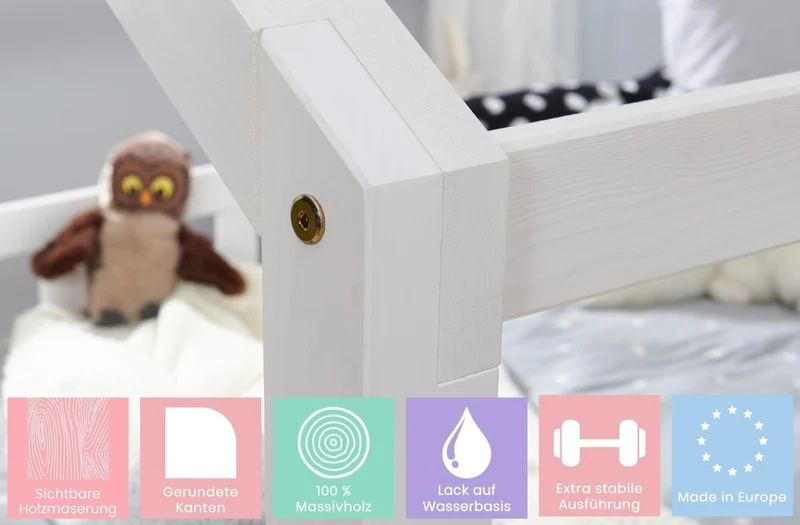 TiCAA Montessori Kinderbett Hausbett aus Kiefernholz mit Rausfallschutz & Rolllattenrost – Bodenbett für Kinderh