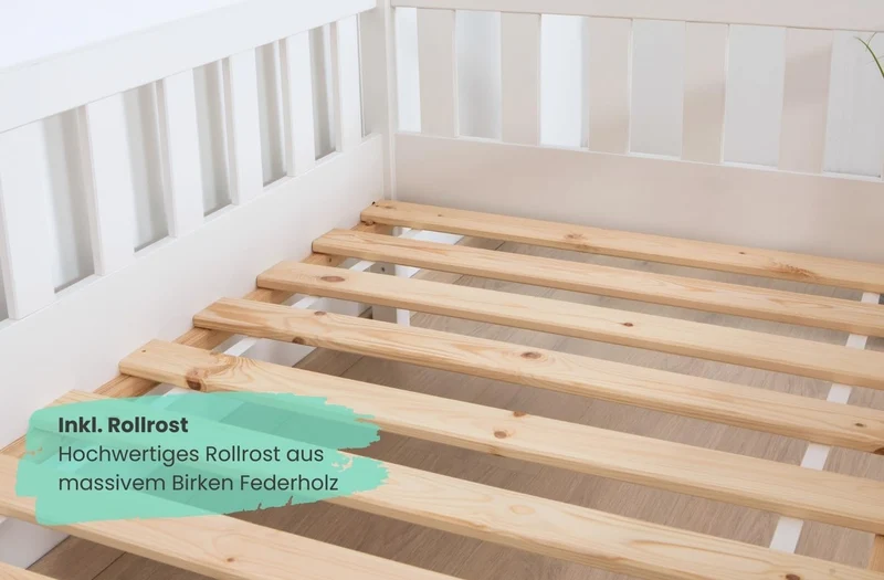 TiCAA Montessori Kinderbett Hausbett aus Kiefernholz mit Rausfallschutz & Rolllattenrost – Bodenbett für Kinderh