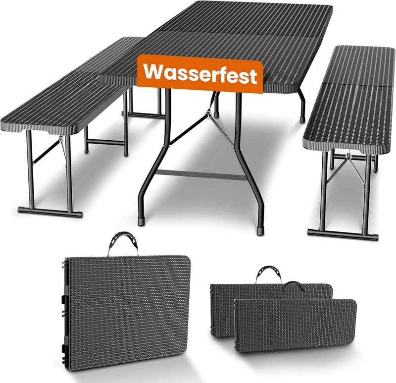 NewHabitat Bierzeltgarnitur 3er Set klappbar – Kunststoff Tisch 180 cm & 2 Bänke mit Tragegriff, Schwarzh
