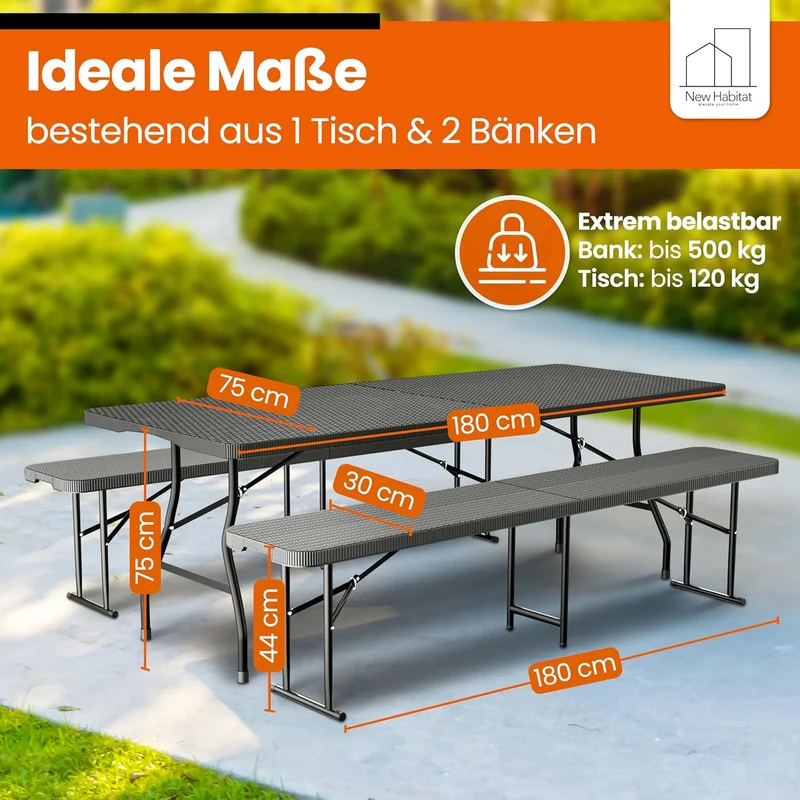 NewHabitat Bierzeltgarnitur 3er Set klappbar – Kunststoff Tisch 180 cm & 2 Bänke mit Tragegriff, Schwarzh