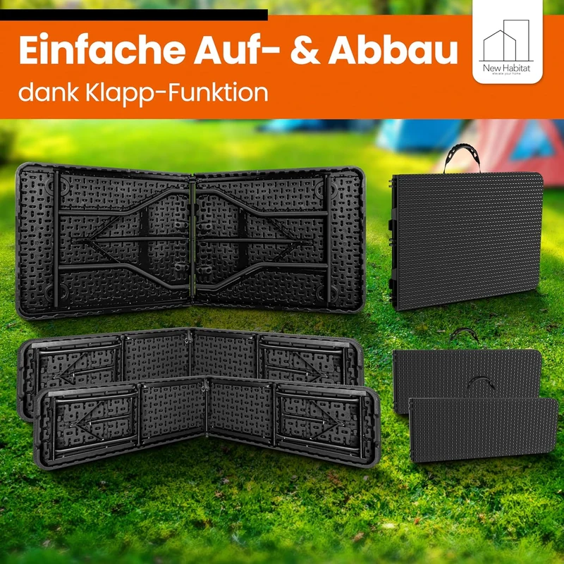 NewHabitat Bierzeltgarnitur 3er Set klappbar – Kunststoff Tisch 180 cm & 2 Bänke mit Tragegriff, Schwarzh