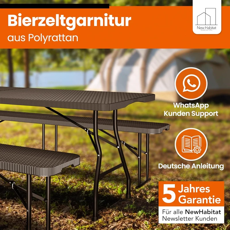 NewHabitat Bierzeltgarnitur 3er Set klappbar – Kunststoff Tisch 180 cm & 2 Bänke mit Tragegriff, Schwarzh