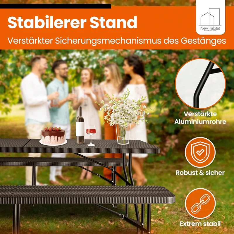 NewHabitat Bierzeltgarnitur 3er Set klappbar – Kunststoff Tisch 180 cm & 2 Bänke mit Tragegriff, Schwarzh