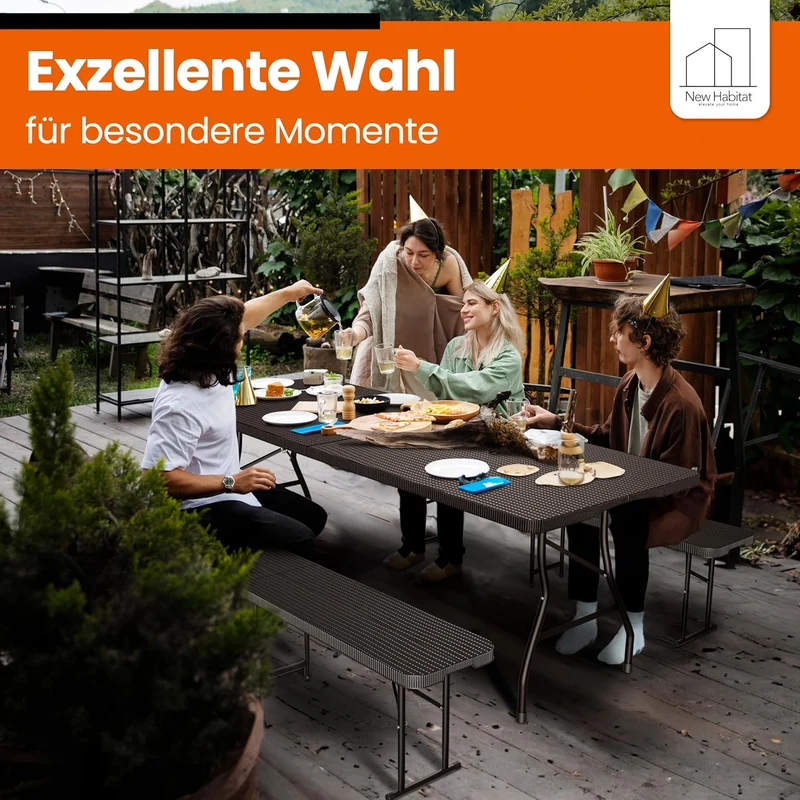 NewHabitat Bierzeltgarnitur 3er Set klappbar – Kunststoff Tisch 180 cm & 2 Bänke mit Tragegriff, Schwarzh