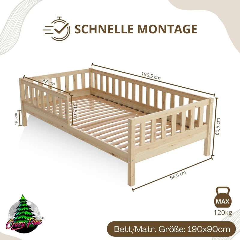 Crazy Pine Montessori Kinderbett – Mitwachsend, Holz, Rausfallschutzh