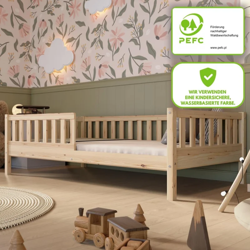 Crazy Pine Montessori Kinderbett – Mitwachsend, Holz, Rausfallschutzh