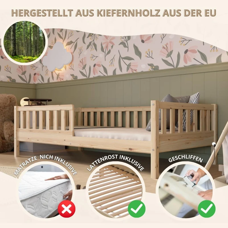 Crazy Pine Montessori Kinderbett – Mitwachsend, Holz, Rausfallschutzh