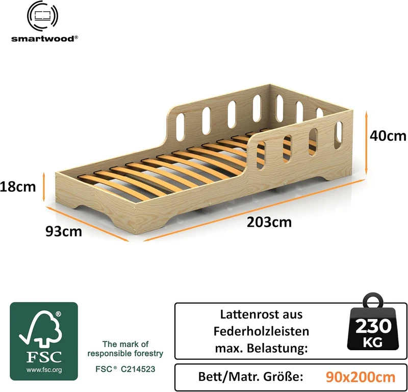 smartwood Montessori Kinderbett aus Holz mit Rausfallschutz & Lattenrost – Bodenbett für Kinder – FSCh