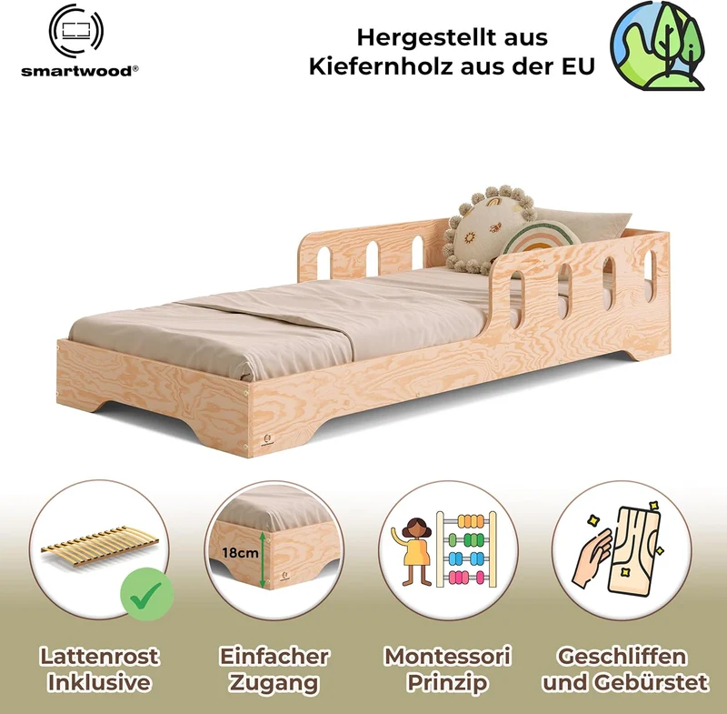 smartwood Montessori Kinderbett aus Holz mit Rausfallschutz & Lattenrost – Bodenbett für Kinder – FSCh