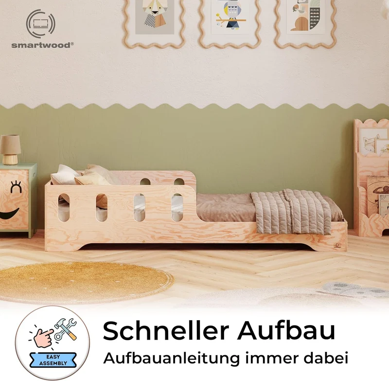 smartwood Montessori Kinderbett aus Holz mit Rausfallschutz & Lattenrost – Bodenbett für Kinder – FSCh