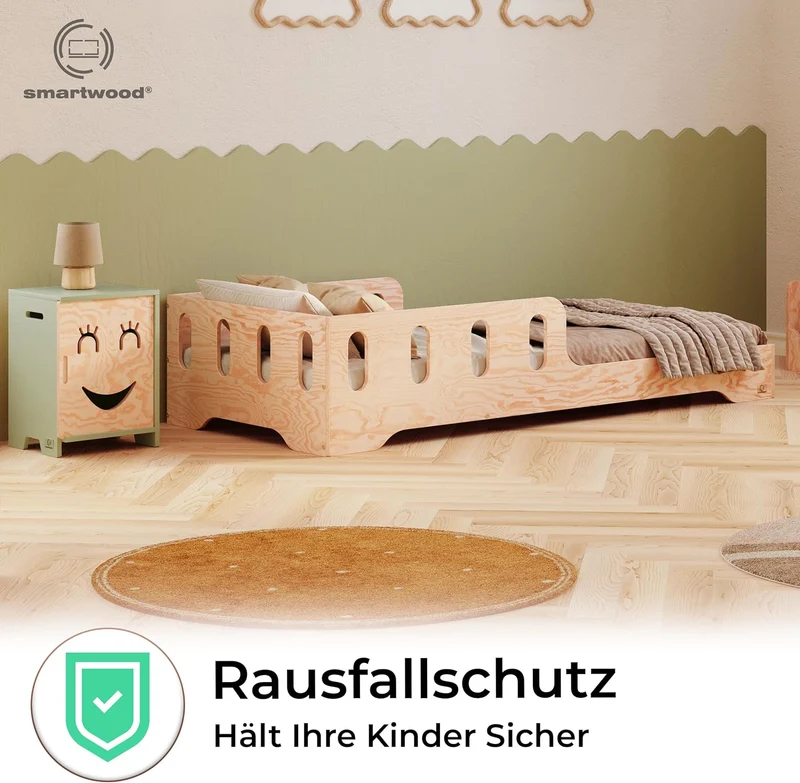 smartwood Montessori Kinderbett aus Holz mit Rausfallschutz & Lattenrost – Bodenbett für Kinder – FSCh