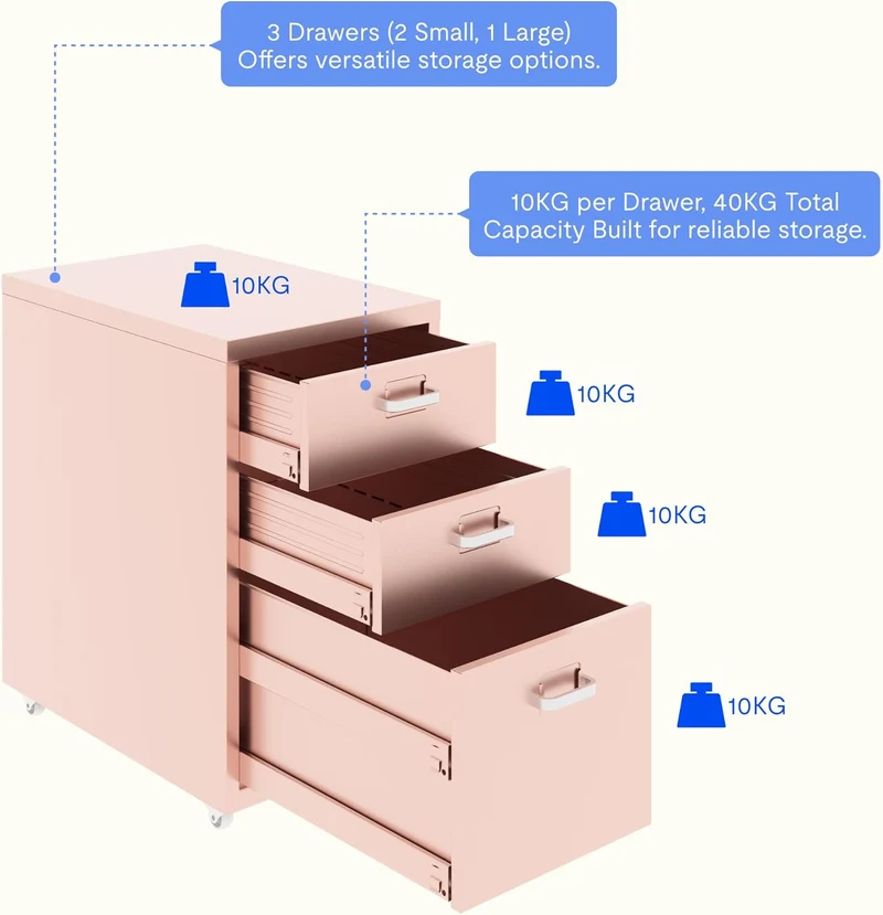 FLEXISPOT Rollcontainer Büro-Schrank mit 3 Schubladen | Mobiler Aktenschrank Metall Kommode mit Rollen | Schreibtisch Unterschrank für Zuhause & Büroh