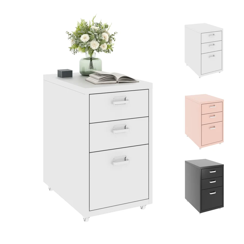 FLEXISPOT Rollcontainer Büro-Schrank mit 3 Schubladen | Mobiler Aktenschrank Metall Kommode mit Rollen | Schreibtisch Unterschrank für Zuhause & Büroh