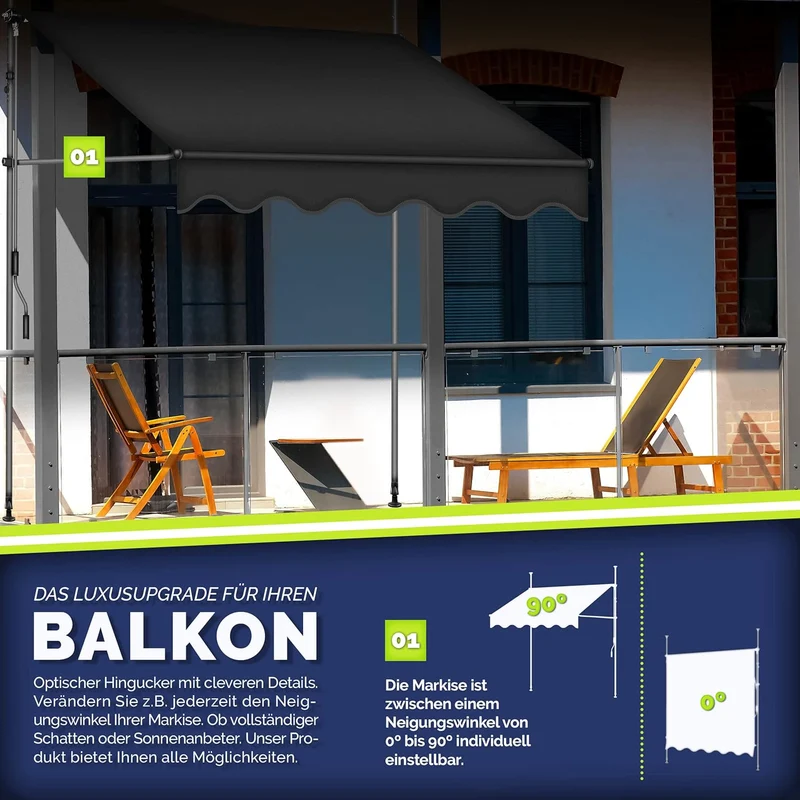tillvex Balkonmarkise Klemmmarkise – UV50+, Wasserdicht, Höhen- und Winkelverstellbarh