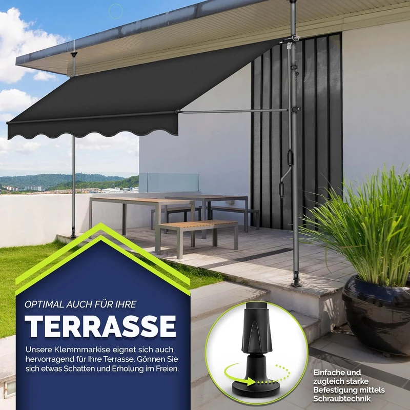 tillvex Balkonmarkise Klemmmarkise – UV50+, Wasserdicht, Höhen- und Winkelverstellbarh