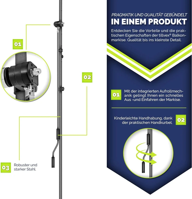 tillvex Balkonmarkise Klemmmarkise – UV50+, Wasserdicht, Höhen- und Winkelverstellbarh