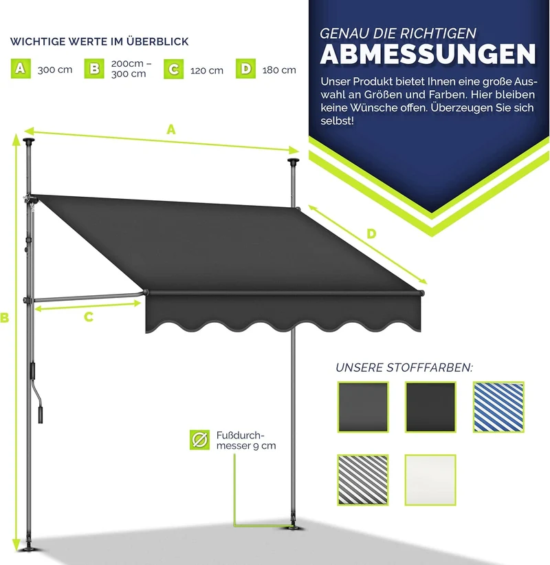 tillvex Balkonmarkise Klemmmarkise – UV50+, Wasserdicht, Höhen- und Winkelverstellbarh