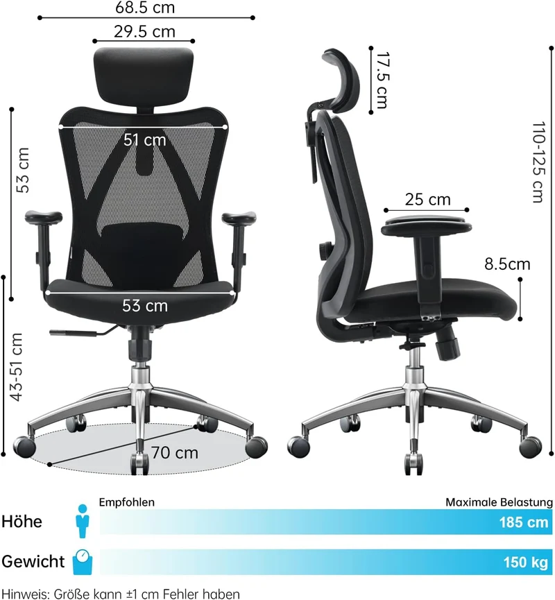 SIHOO Ergonomischer Bürostuhl – Verstellbare Lendenstütze, Kopfstütze, Wippfunktion, Belastbar bis 150 kgh