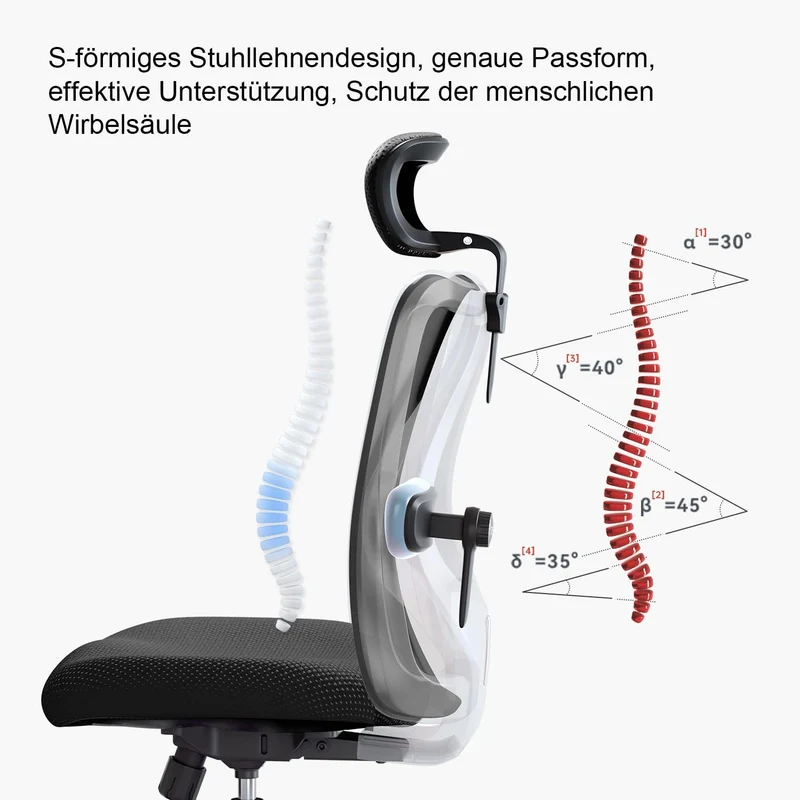 SIHOO Ergonomischer Bürostuhl – Verstellbare Lendenstütze, Kopfstütze, Wippfunktion, Belastbar bis 150 kgh