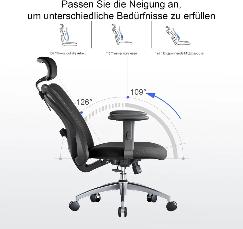 SIHOO Ergonomischer Bürostuhl – Verstellbare Lendenstütze, Kopfstütze, Wippfunktion, Belastbar bis 150 kgh