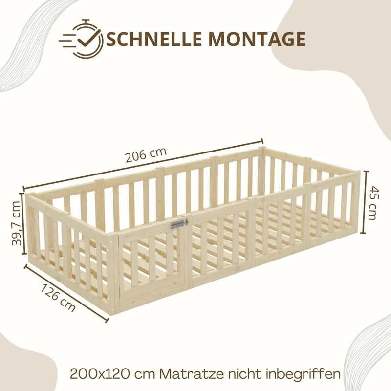Kinderbett 120x200 cm – Montessori Bodenbett mit Rausfallschutz 40cm und Öffnbarer Barriere - Weiß mit Glatter Oberfläche - Perfekt für Jungen und Mädchen Crazy Johnnyh